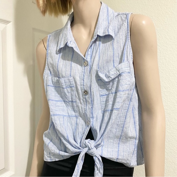 MICHAEL KORS Blue Striped Chambray Front Tie Linen Blend Sleeveless Top Size XL - Picture 3 of 12